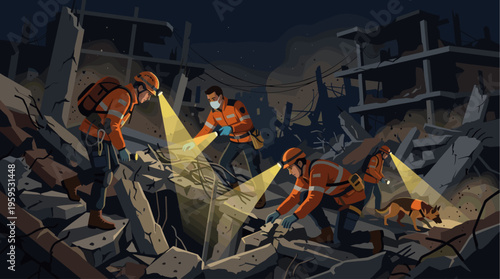 Search and rescue team members in orange vests use flashlights to search a dark, destroyed building filled with rubble, accompanied by a German Shepherd dog.