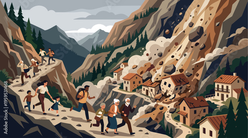 A diverse group of people, including children and seniors, flee a devastating landslide that is destroying a small mountain village, with debris and rocks falling onto homes.