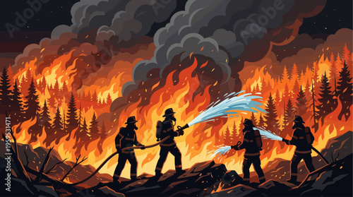 Silhouettes of firefighters in protective gear battle a raging forest wildfire, spraying water amidst intense flames and dark smoke under a night sky.