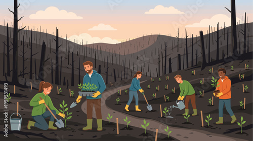 A group of diverse individuals work together to replant saplings in a landscape devastated by wildfire, symbolizing hope, regeneration, and environmental restoration.