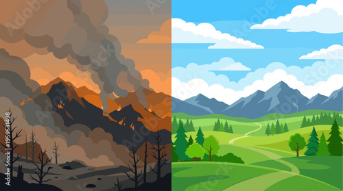 A split image vividly contrasts the devastation of a mountain wildfire with smoke and flames against a serene, green landscape with rolling hills and blue skies.