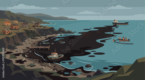 This illustration depicts an environmental disaster with an oil spill affecting a remote coastal village, showing cleanup efforts in progress.