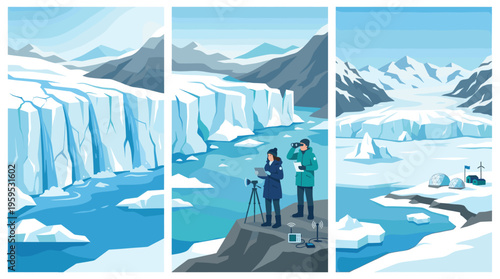 Scientists in a polar landscape use technology to observe glaciers and icebergs, highlighting research and climate change in a cool blue color palette.