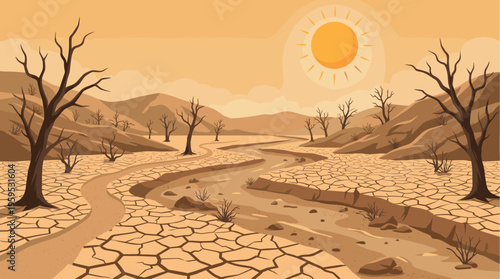 A stark desert landscape illustration with cracked dry earth, bare dead trees, a winding dry riverbed, and a bright sun in a muted orange sky.