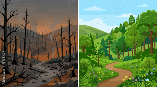 Split image showing a devastated forest after a fire contrasted with a vibrant, flourishing forest, symbolizing renewal and hope.