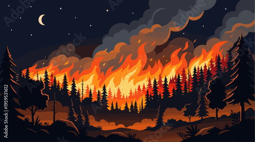 A dramatic flat illustration depicts a forest fire raging at night under a dark sky with a crescent moon and stars, casting an orange glow on the scene.