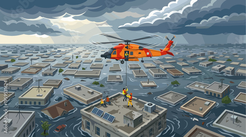 A rescue helicopter hovers above a flooded cityscape, saving people from submerged rooftops amidst dramatic storm clouds and dark waters.