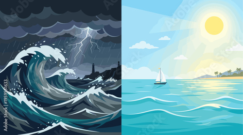 This split image contrasts a chaotic stormy sea with crashing waves and lightning with a serene sunny beach with a sailboat, conveying extreme weather and calm conditions.