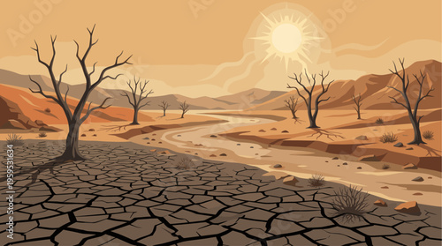 A desolate desert landscape featuring cracked earth, bare trees, and a dry riverbed under a scorching sun, conveying a mood of drought and environmental concern.