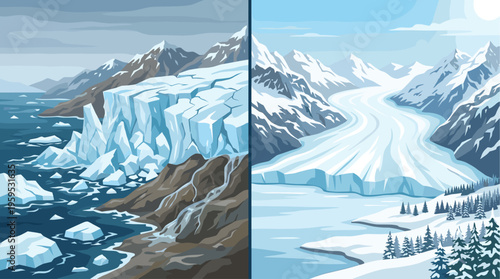 A split image shows a harsh icy glacier meeting dark water on the left and a serene snowy mountain range with evergreen trees on the right.