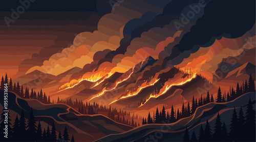 A dramatic, stylized illustration depicts a raging wildfire consuming a mountain forest with glowing orange flames and dark smoke clouds against a twilight sky.