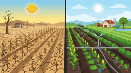 A split scene shows contrasting agricultural conditions: parched, cracked earth with dead crops under a harsh sun versus a vibrant, irrigated farm with healthy produce and a tractor.