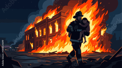 A brave firefighter in full gear carries a child to safety amidst a raging inferno engulfing a city building.