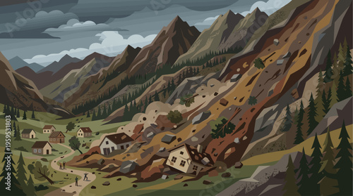 An illustration depicting a devastating landslide crashing through a small mountain village, with houses damaged and debris scattered under ominous, dark clouds.