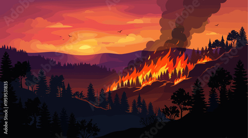 A dramatic vector illustration shows a hillside forest engulfed in flames under a vibrant sunset sky, with smoke plumes rising and silhouetted trees.