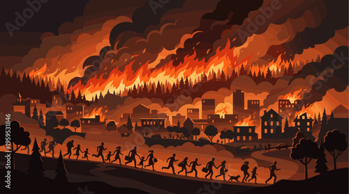 Silhouetted families flee a burning city engulfed in flames and smoke under a dark, ominous sky, illustrating disaster and urgency.