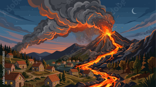 A dramatic illustration depicts a volcano erupting at dusk, spewing lava and ash as it flows towards a small, serene village below.