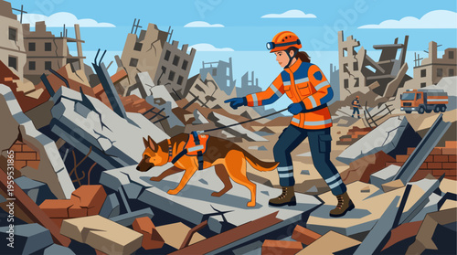 A female rescuer and her dog search through a flattened city landscape of rubble and damaged buildings, conveying a message of hope and diligence.