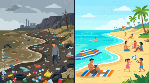 Split image comparing a polluted, industrial wasteland with a pristine, vibrant tropical beach enjoyed by families and swimmers, highlighting environmental contrast and ecological issues.