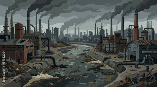 A bleak, industrial landscape depicts a polluted river flowing through a factory complex with smokestacks emitting heavy smoke under an overcast sky.