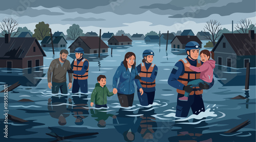 A somber scene depicts rescue workers guiding a distressed family through deep floodwaters, with submerged houses and a bleak sky setting a tone of urgency and hardship.
