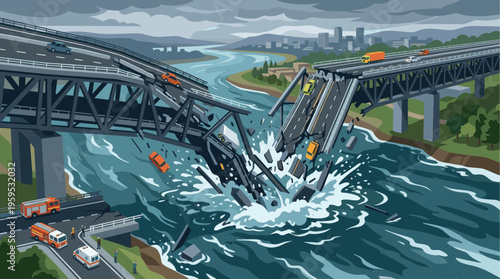 An illustration depicts a catastrophic bridge collapse with vehicles plunging into a turbulent river, highlighting themes of disaster and emergency response.