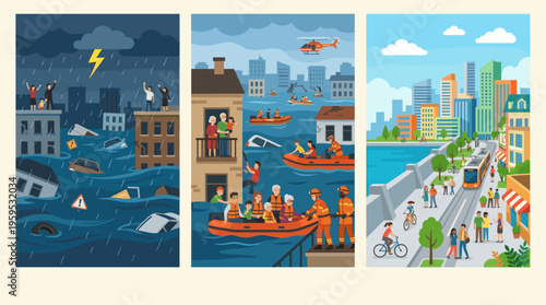 This illustrative triptych depicts a dramatic flood scenario, showcasing the initial crisis, rescue operations, and eventual return to normalcy in an urban environment.