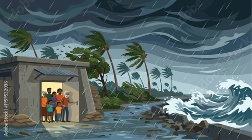 A diverse family huddles together inside a building, seeking refuge from a powerful hurricane with heavy rain and large ocean waves.