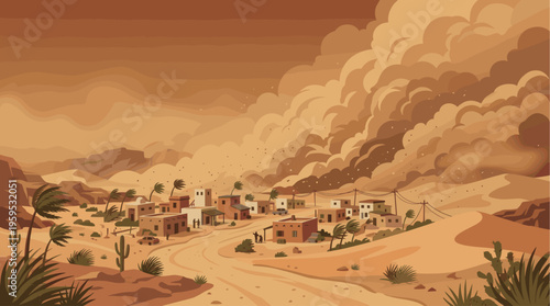 A desolate desert village is engulfed by a dramatic, swirling sandstorm, with palm trees and cacti bending in the wind.