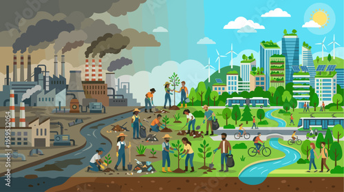 A split image contrasts industrial pollution with a sustainable green city where people plant trees and use renewable energy.