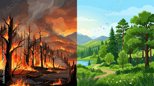 A stark visual contrast shows a forest engulfed in flames on one side, juxtaposed with a vibrant, green landscape on the other, symbolizing destruction and renewal.