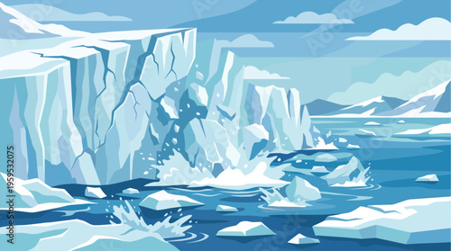 A stylized illustration of a massive iceberg calving and breaking apart into the cold blue ocean with floating ice fragments and distant mountains.