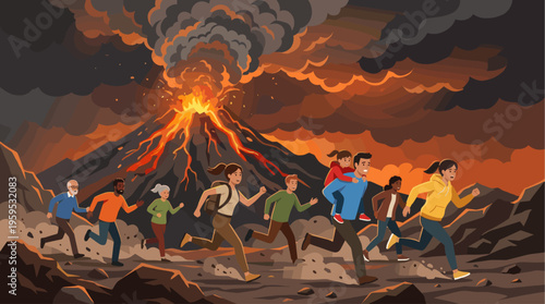 A diverse group of people, including families, run away from a destructive volcanic eruption under a smoky, fiery sky.