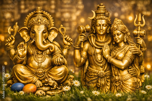 Golden Statues of Ganesha, Shiva, and Parvati