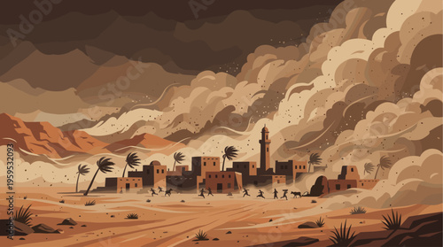 A village in the desert is hit by a massive sandstorm with people and animals running for cover amid swirling dust and strong winds.