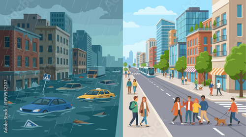 A split image shows a city street during a severe flood with submerged cars and buildings on one side, and a sunny day with people walking and a tram on the other.