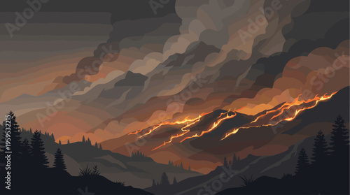 A stylized landscape shows a wildfire raging across mountain slopes, with glowing orange flames and dark smoke filling the sky, conveying destruction and environmental issues.