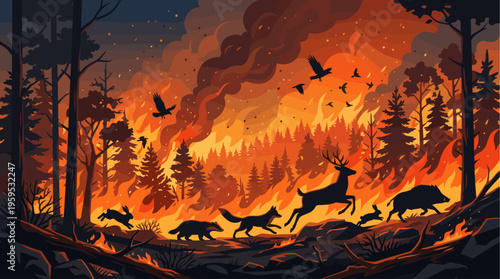 Silhouetted wild animals like deer, boar, and foxes escape a devastating forest fire, with birds flying overhead through smoke and flames.