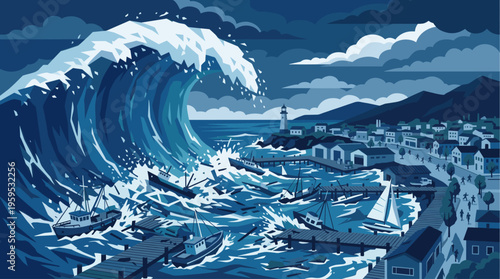A massive blue tsunami wave crashes down on a coastal town, submerging boats and docks in its destructive path under a dramatic, cloudy sky.