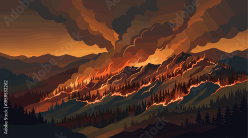 A dramatic illustration depicts a raging wildfire engulfing a forested mountain range under a smoky, orange sky, conveying danger and environmental disaster.