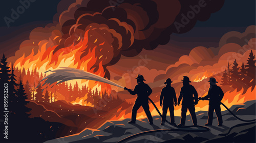 Silhouetted firefighters spray water from a hose to combat a raging forest fire with dramatic flames and smoke against a dark sky.