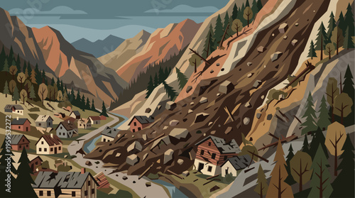 A dramatic, stylized illustration depicts a mountain valley village overwhelmed by a massive landslide, showing damaged homes and debris.