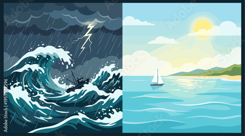 A split image shows a boat struggling in a stormy sea with lightning and rain on one side, and a sailboat peacefully sailing in a calm, sunny ocean on the other.