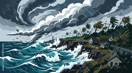 A dramatic illustration depicts a coastal town battered by a powerful hurricane with large waves crashing ashore, strong winds bending trees, and rain falling intensely.