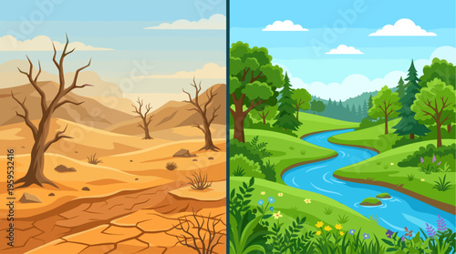 Split screen illustration showing a stark contrast between a dry, barren desert landscape with dead trees and a vibrant, green landscape with a flowing river and lush vegetation.