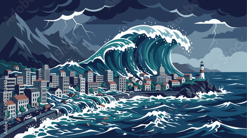 A massive tsunami wave engulfs a coastal city under a stormy sky with lightning, symbolizing destruction and natural disaster.
