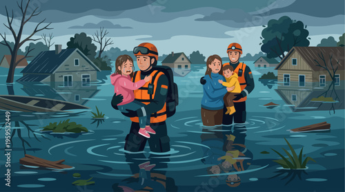 Rescuers in uniform carry distressed children through flooded village streets, with submerged houses and debris indicating a natural disaster.