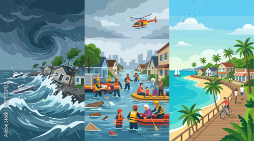 This triptych image depicts a hurricane at sea, flood rescue operations, and a serene beach scene, illustrating the impact and aftermath of natural disasters.
