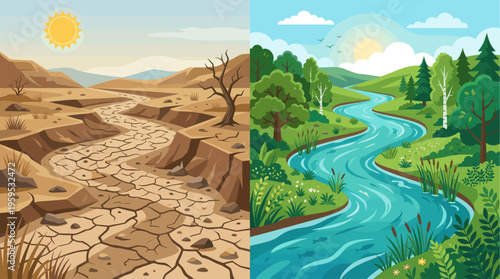 A split image contrasting a barren, cracked desert landscape with a vibrant, green natural environment featuring a flowing river and lush trees.
