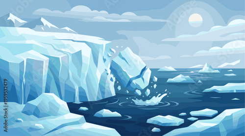 A flat design illustration depicts a large iceberg calving into a dark blue ocean, surrounded by smaller ice floes and snow-capped mountains under a pale sky.